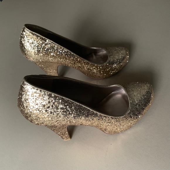 GOLD GLITTER SPARKLE KITTEN HEEL PUMP SHINY FORMAL - Picture 3 of 8
